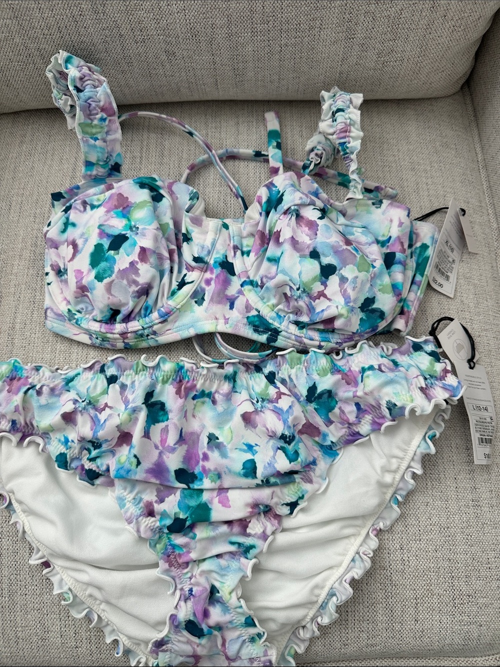 Shade to Shore Floral Ruffle Two-Piece Bikini - Purple, Teal & White